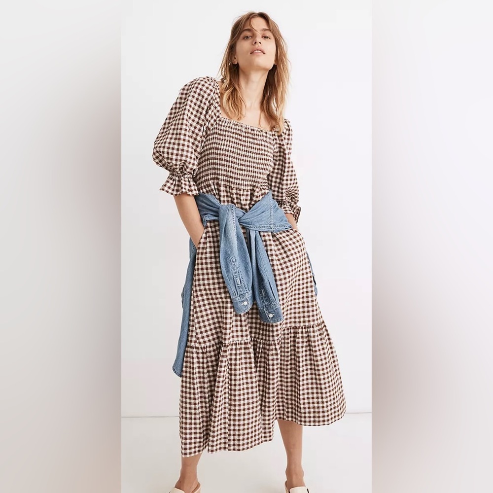 Madewell Lucie Elbow-Sleeve Smocked Midi Dress in Gingham